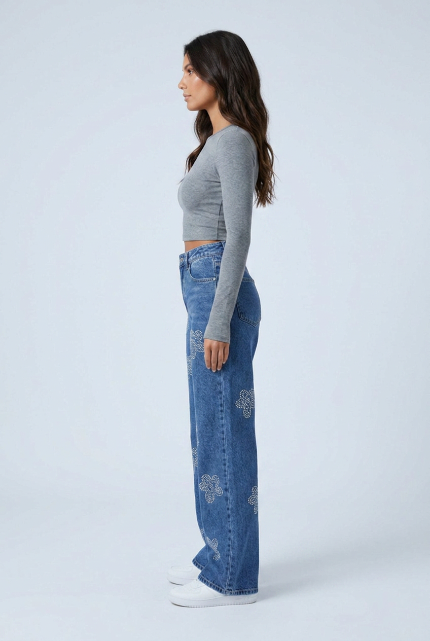 Mid Blue jeans larghi fiori strass blu side