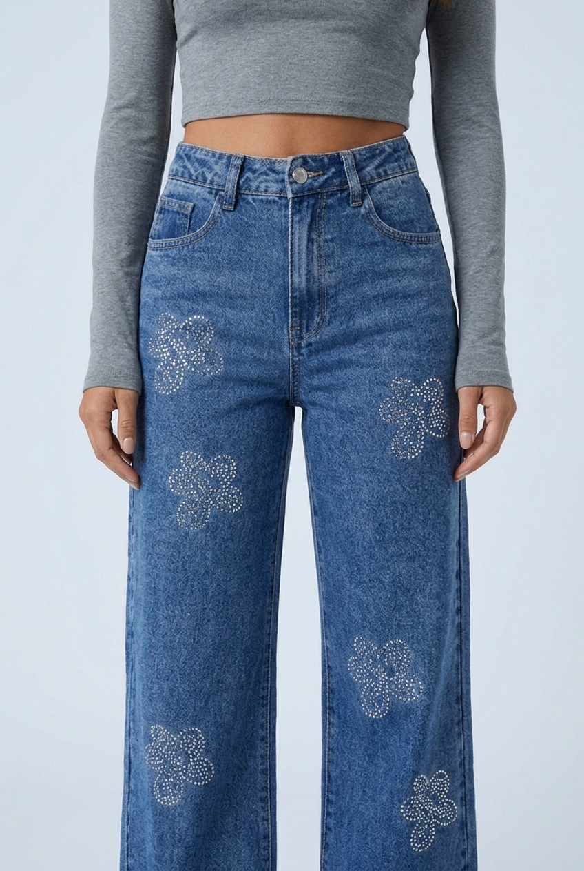 Mid Blue jeans larghi fiori strass blu closeup