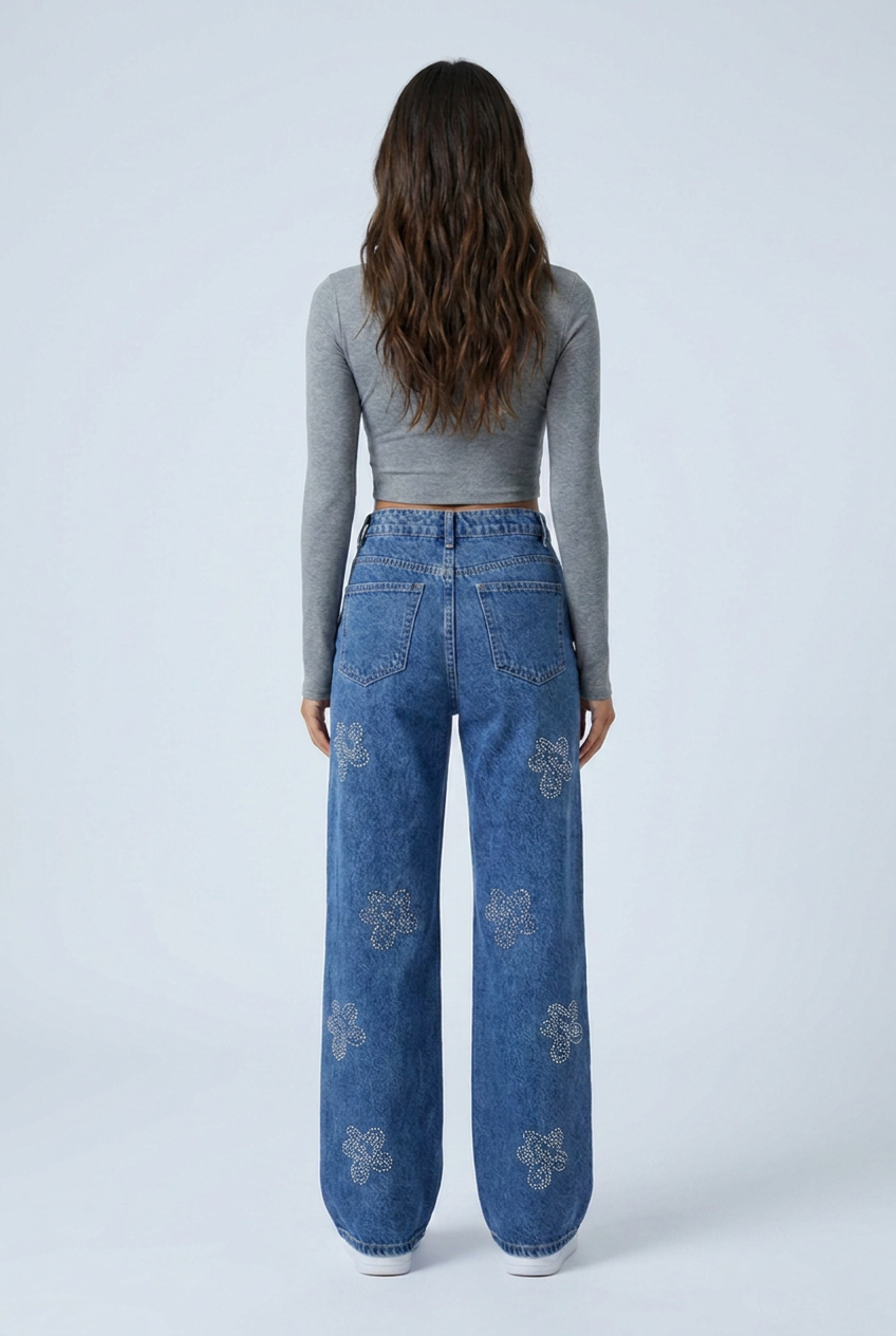 Mid Blue jeans larghi fiori strass blu back