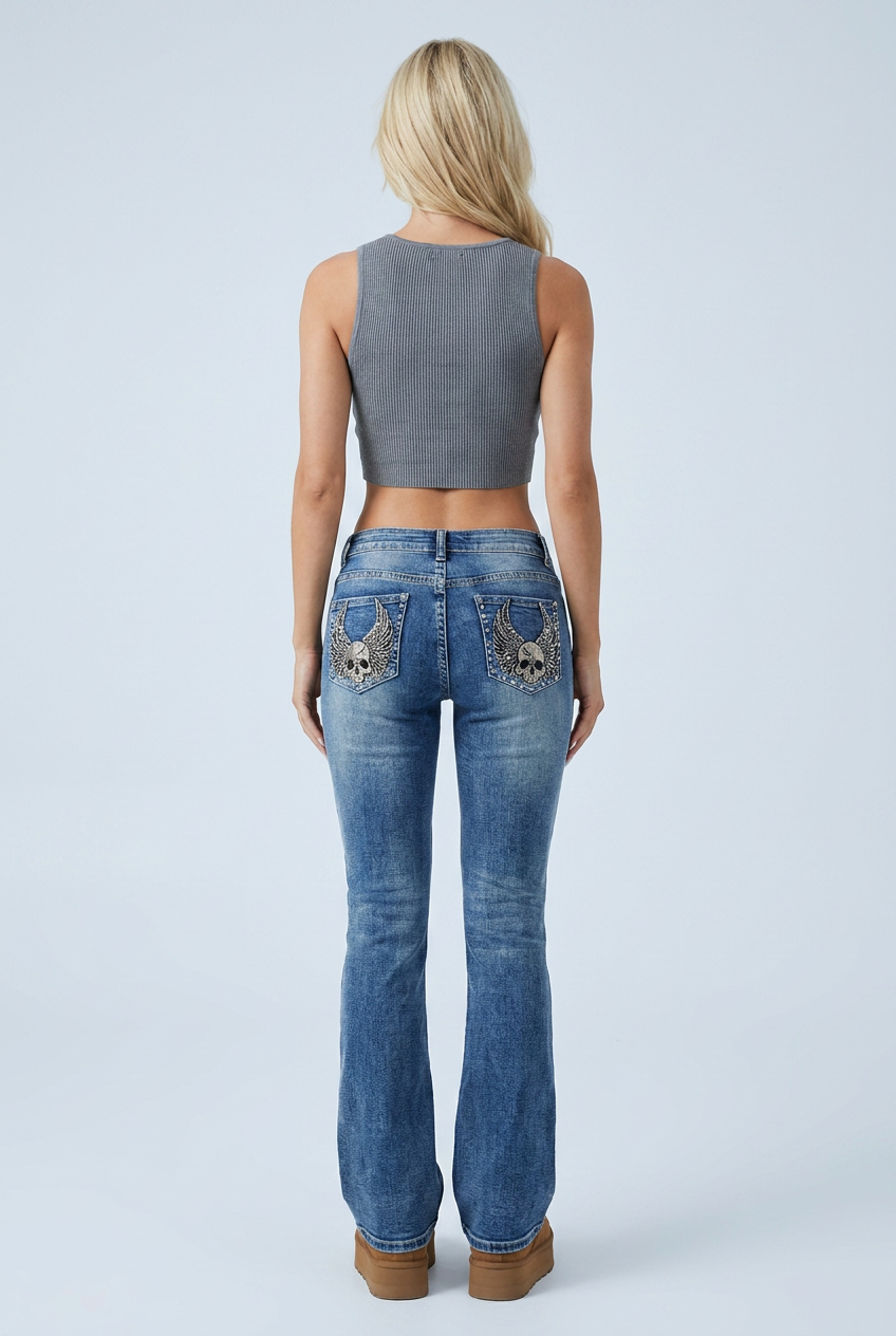 Mid Blue jeans flare vita bassa teschio tasca ricamata back