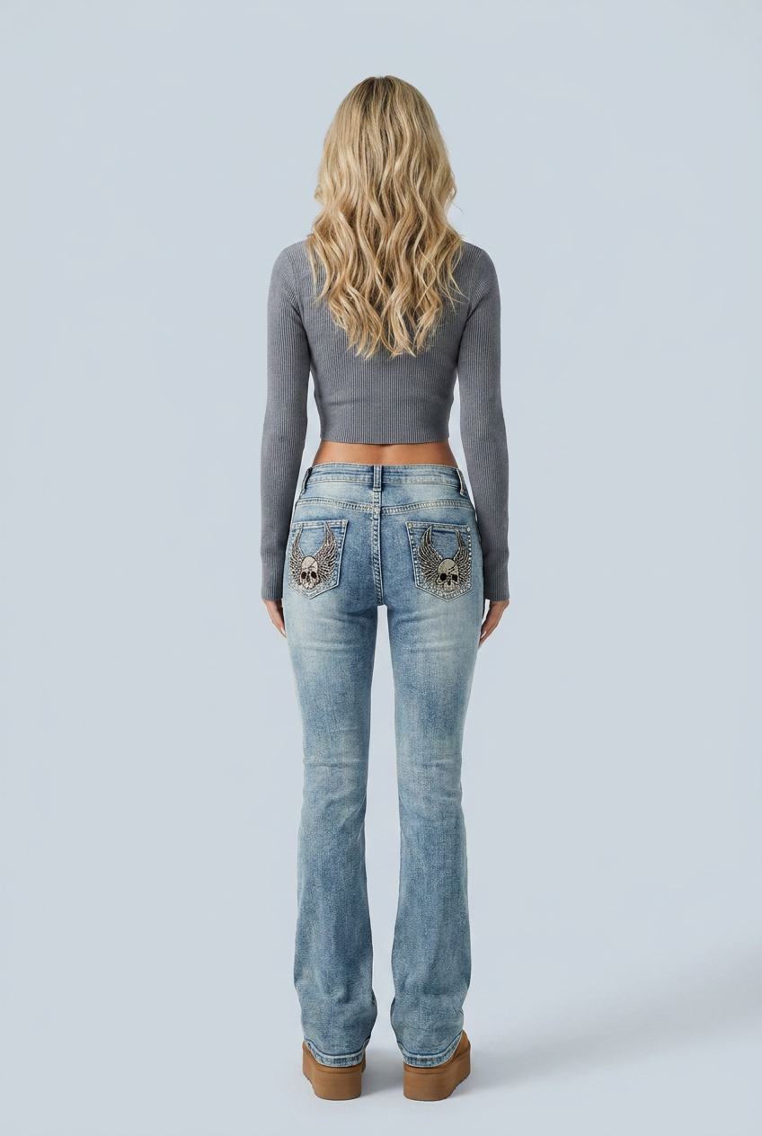 Light Wash jeans flare vita bassa teschio tasca ricamata back