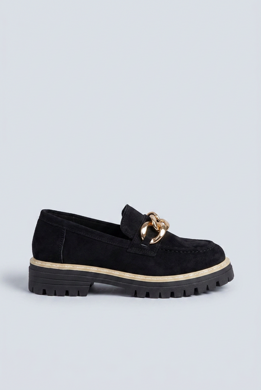 Black mocassini platform camoscio catena oro side
