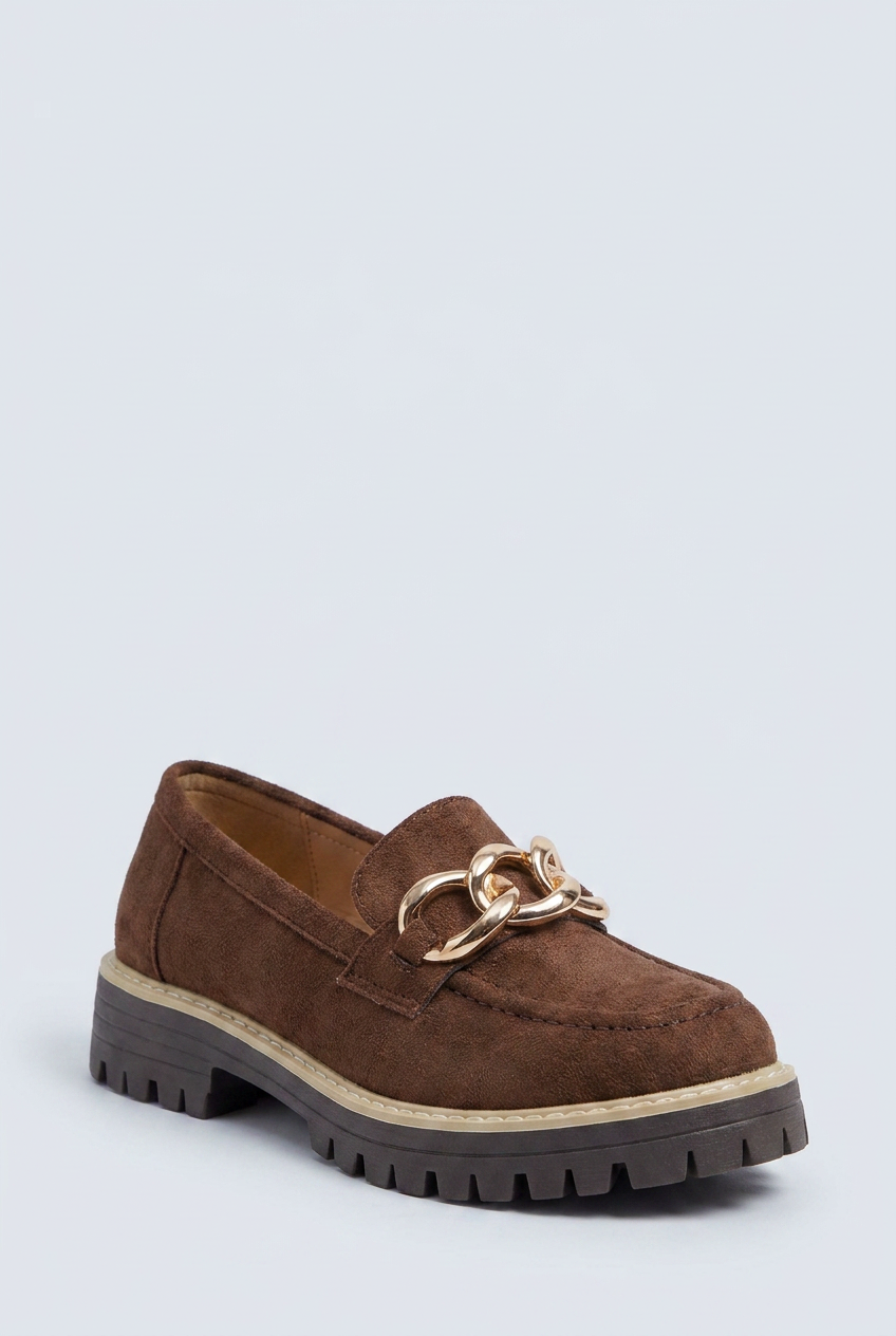 Coffee mocassini platform camoscio catena oro front