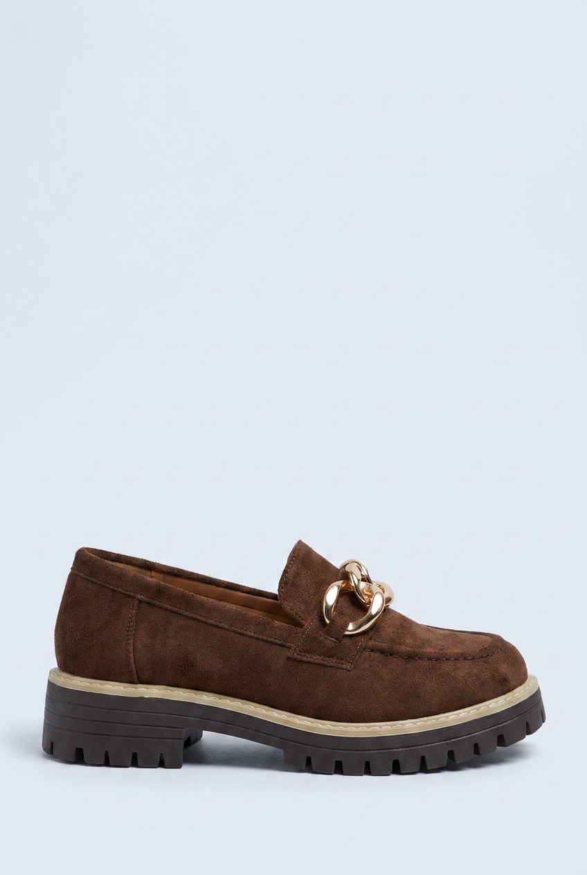 Coffee mocassini platform camoscio catena oro side