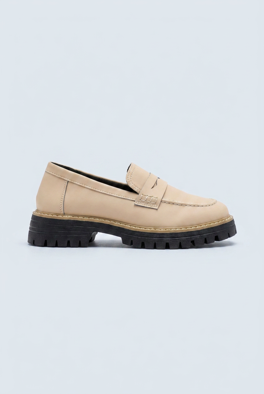 Beige mocassini platform penny bordo oro side