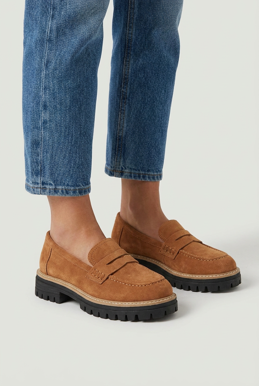 Brown mocassini platform penny bordo oro closeup