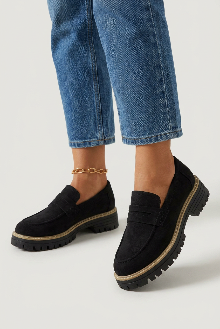 Black mocassini platform penny bordo oro closeup