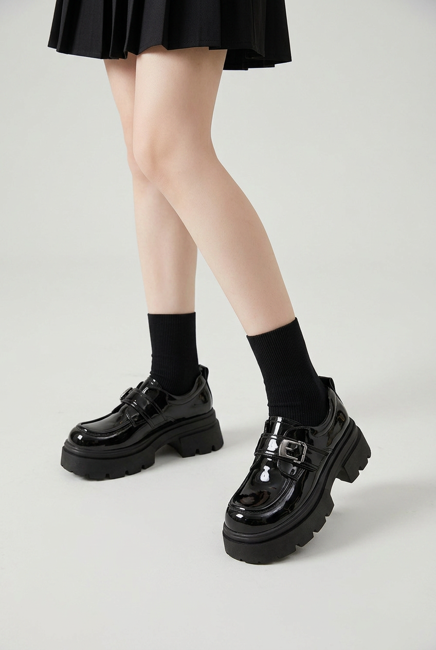 Black mocassini vernice platform con fibbia closeup