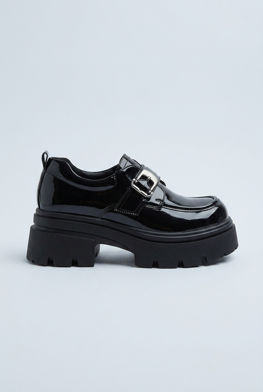 Black mocassini vernice platform con fibbia side