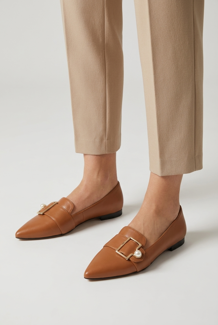 Brown mocassini bassi punta boucle closeup