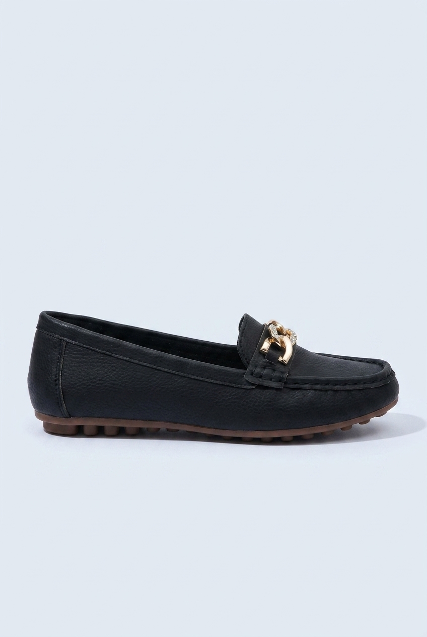 Black mocassini morbidi catena oro side