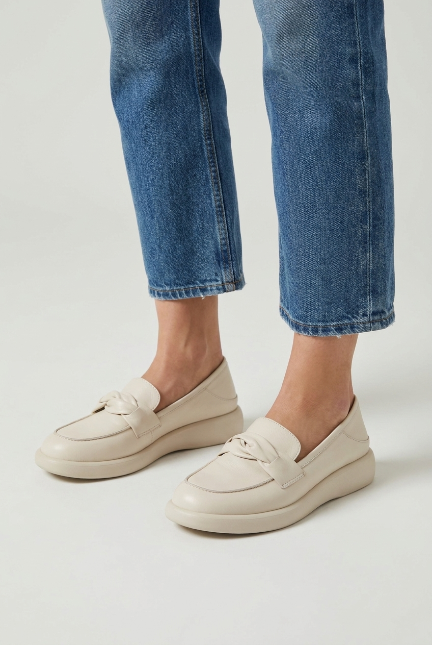 Khaki mocassini platform morbidi nodo closeup