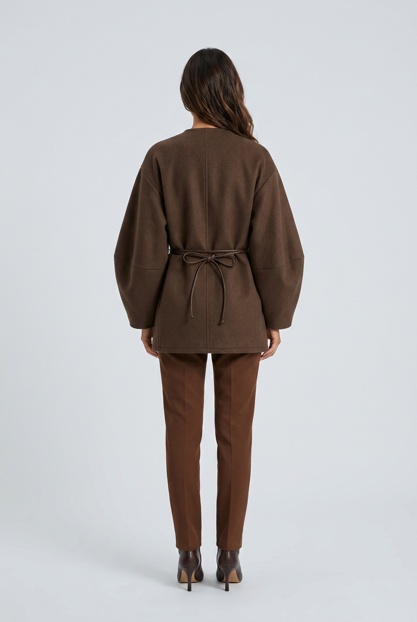 Brown cappotto portafoglio marrone maniche palloncino fibbia conchiglia back
