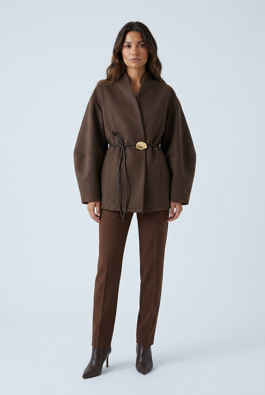 Brown cappotto portafoglio marrone maniche palloncino fibbia conchiglia front