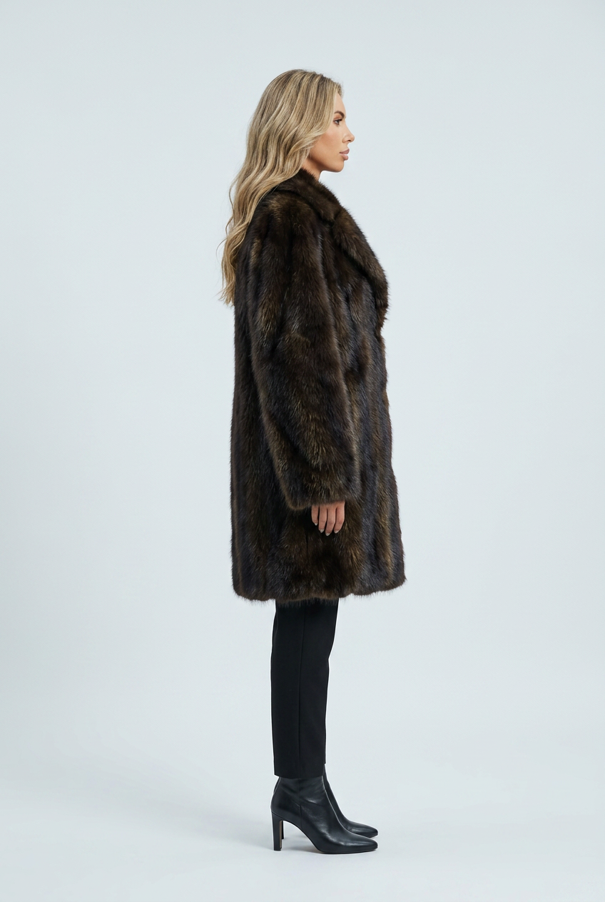 Sable cappotto pelliccia ecologica effetto zibellino marrone collo revers side