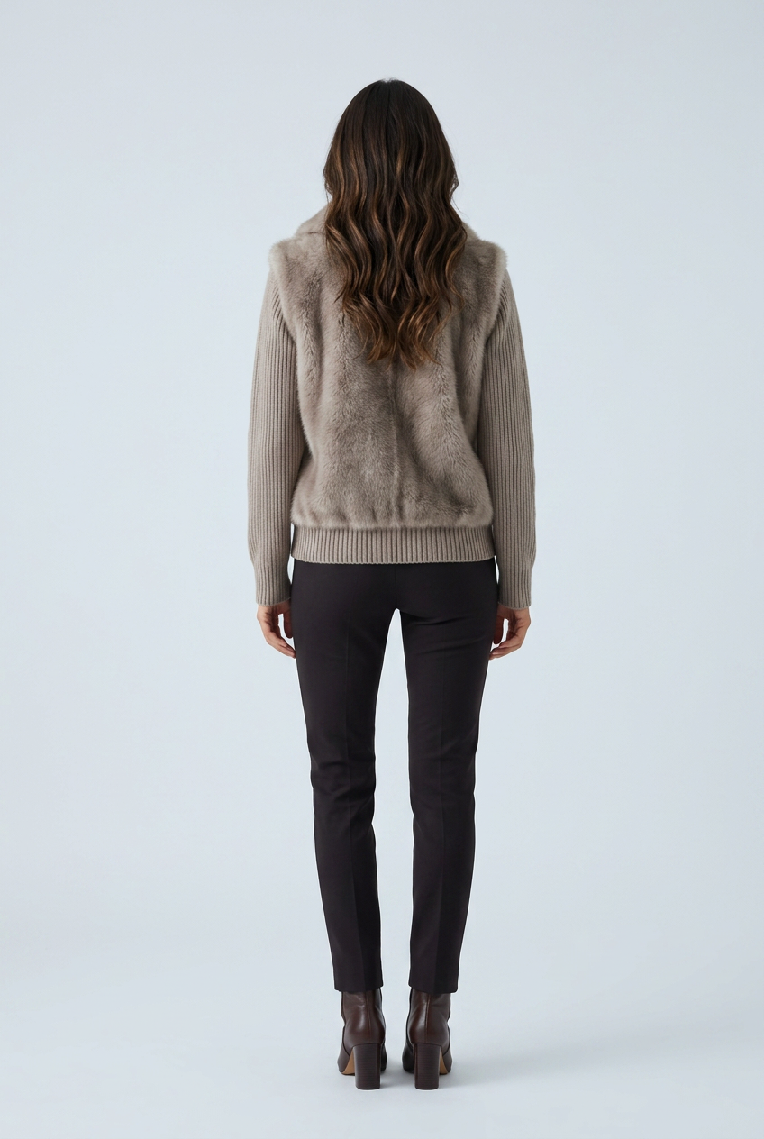 Taupe giacca corta pelliccia ecologica maniche maglia colletto pelo back