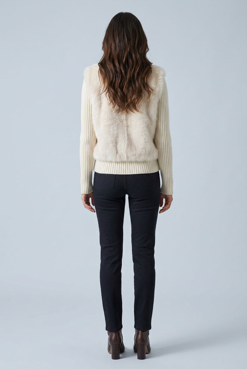 Cream giacca corta pelliccia ecologica maniche maglia colletto pelo back