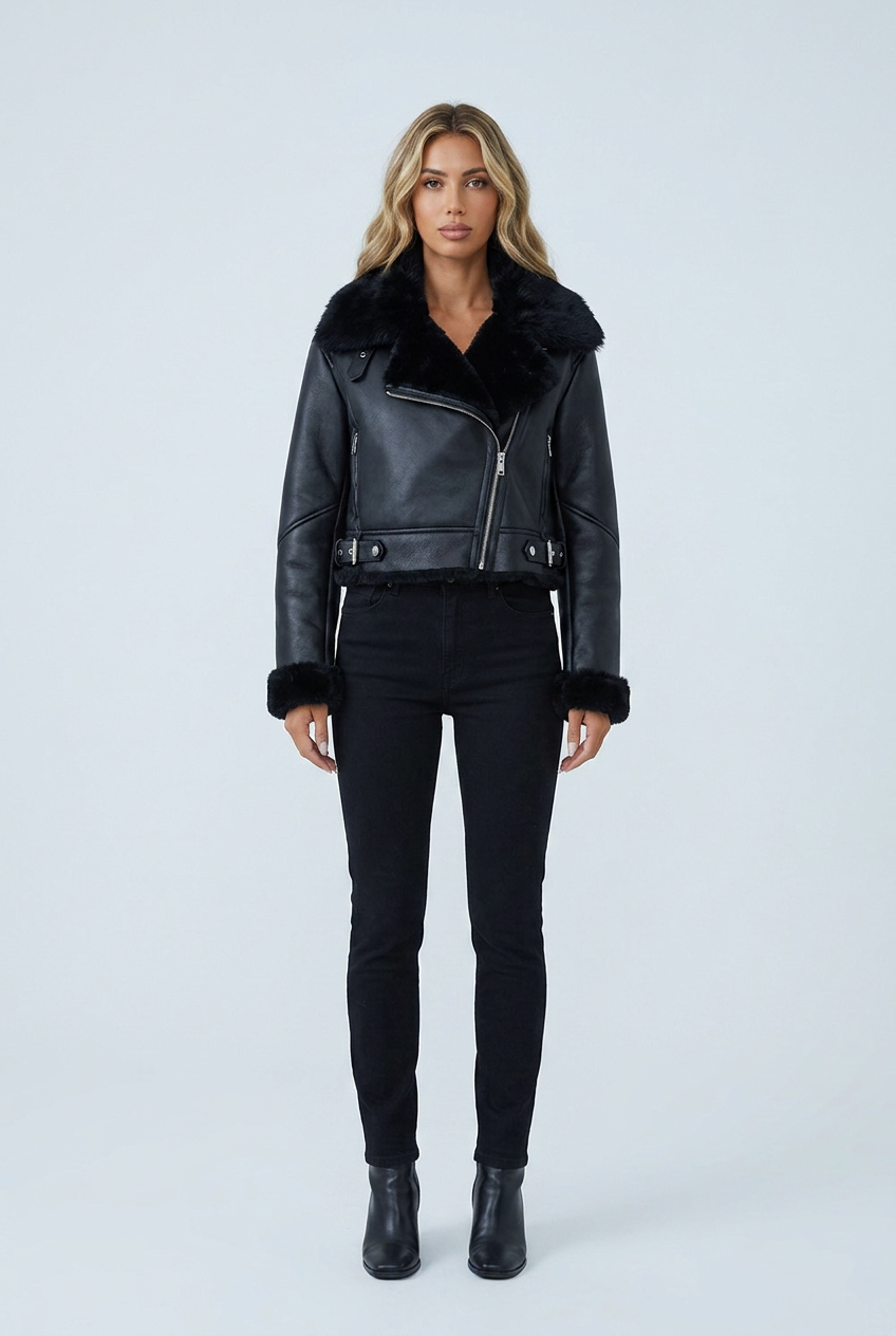 Black giacca biker ecopelle nera collo pelliccia zip asimmetrica bordo montone front