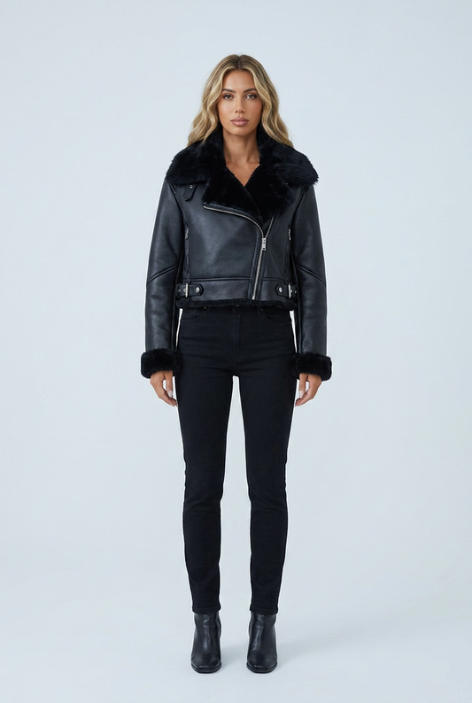 Black giacca biker ecopelle nera collo pelliccia zip asimmetrica bordo montone front