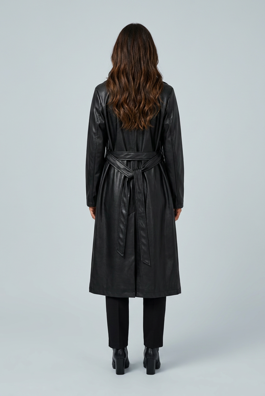 Black trench lungo ecopelle nero cintura revers spacco effetto pelle back