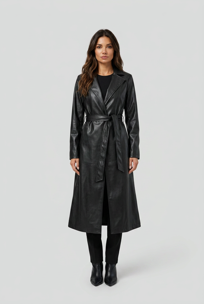 Black trench lungo ecopelle nero cintura revers spacco effetto pelle front