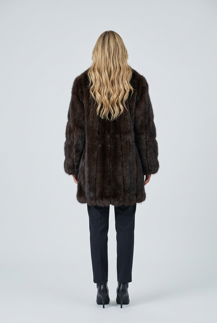 Sable cappotto pelliccia ecologica effetto zibellino marrone collo revers back