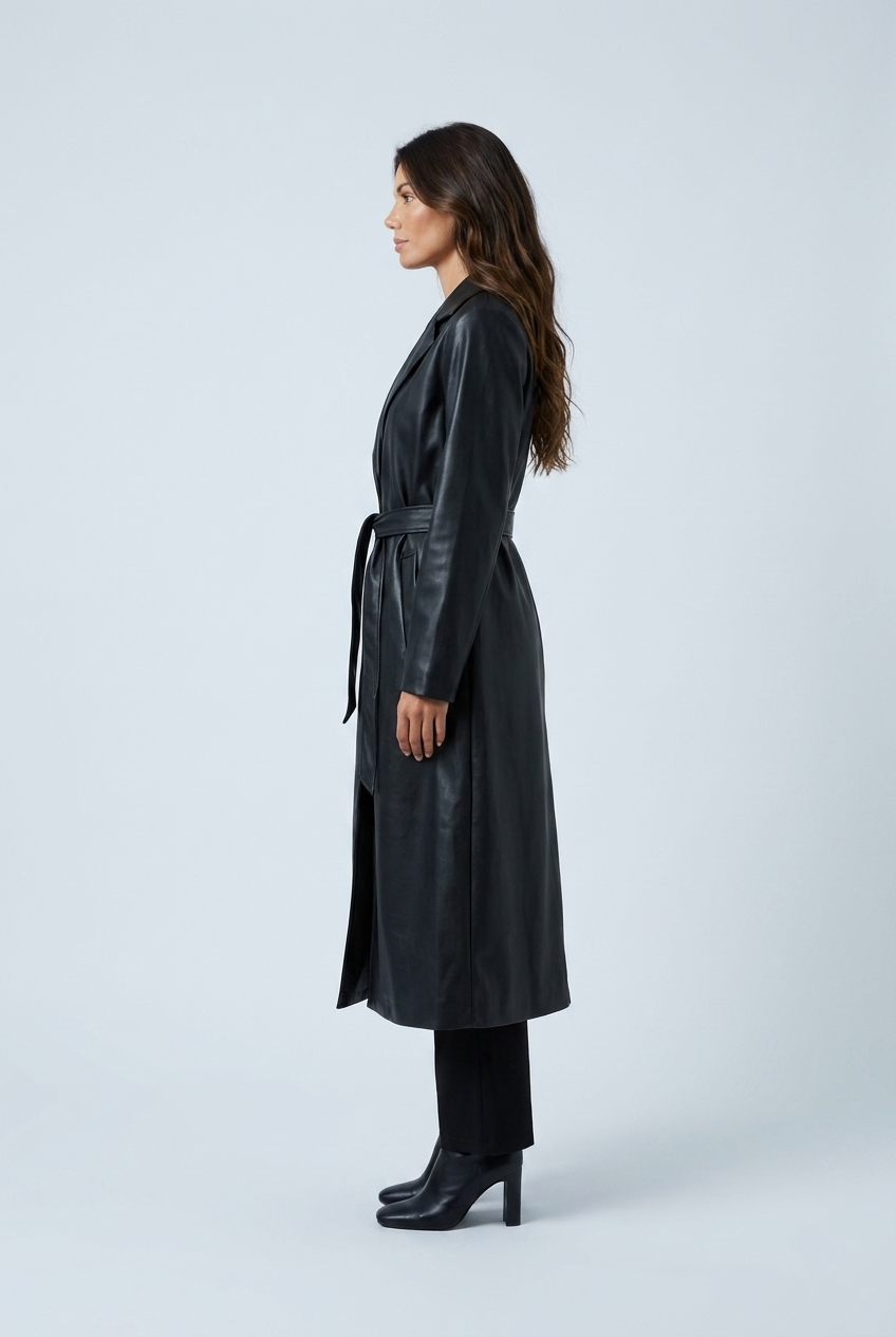 Black trench lungo ecopelle nero cintura revers spacco effetto pelle side