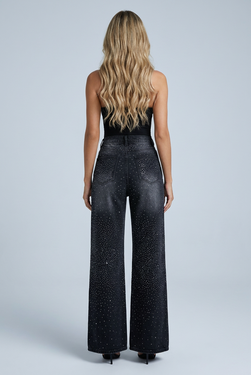 Charcoal jeans larghi strass grigio vita alta gamba larga sfumato back