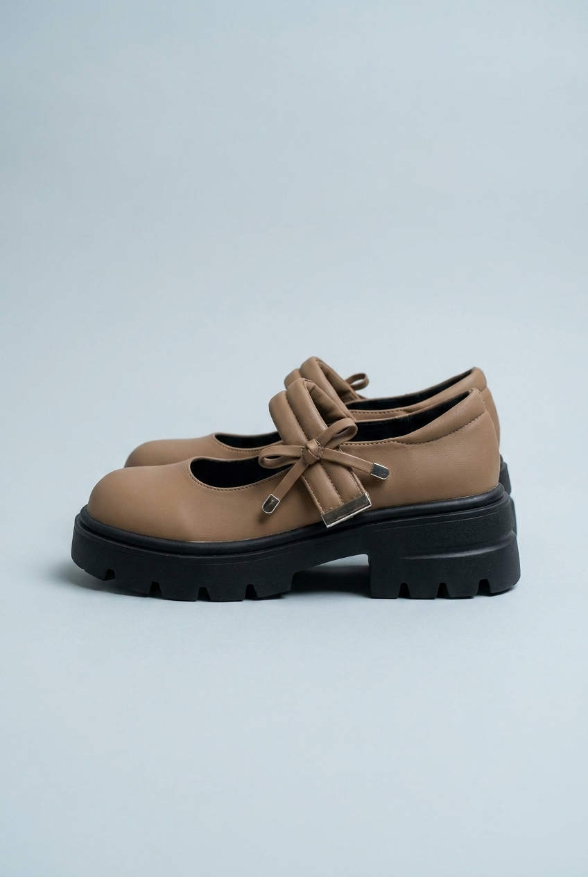 Brown scarpe mary jane platform suola carrarmato fiocco fibbia punta tonda side