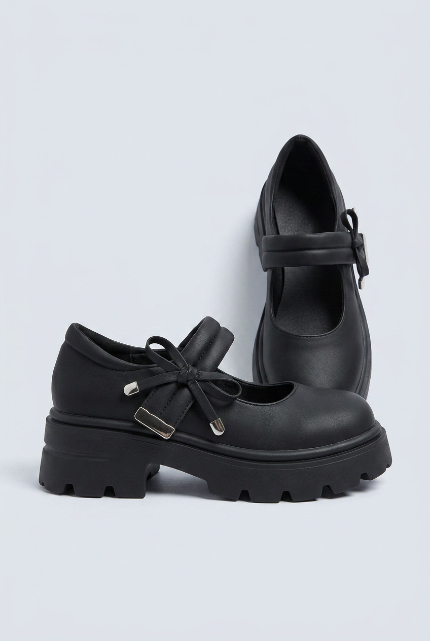 Black scarpe mary jane platform suola carrarmato fiocco fibbia punta tonda side