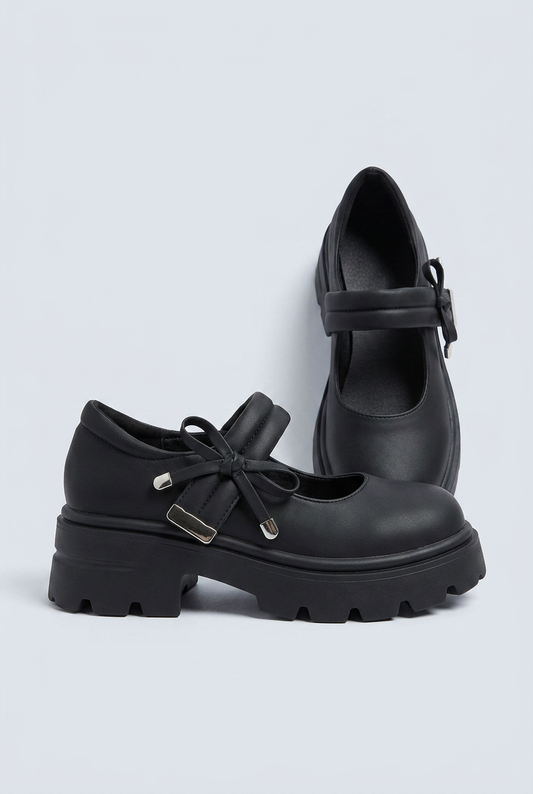Black scarpe mary jane platform suola carrarmato fiocco fibbia punta tonda side