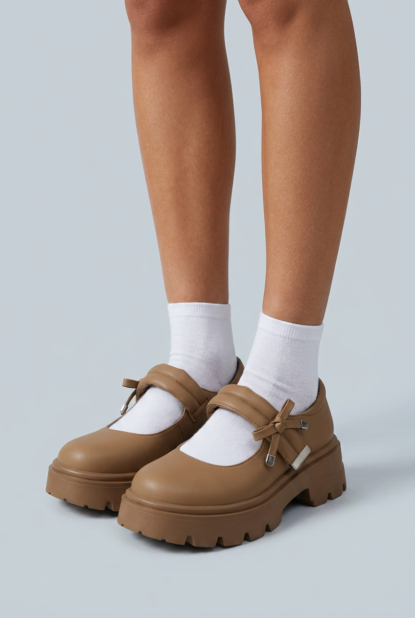 Brown scarpe mary jane platform suola carrarmato fiocco fibbia punta tonda closeup