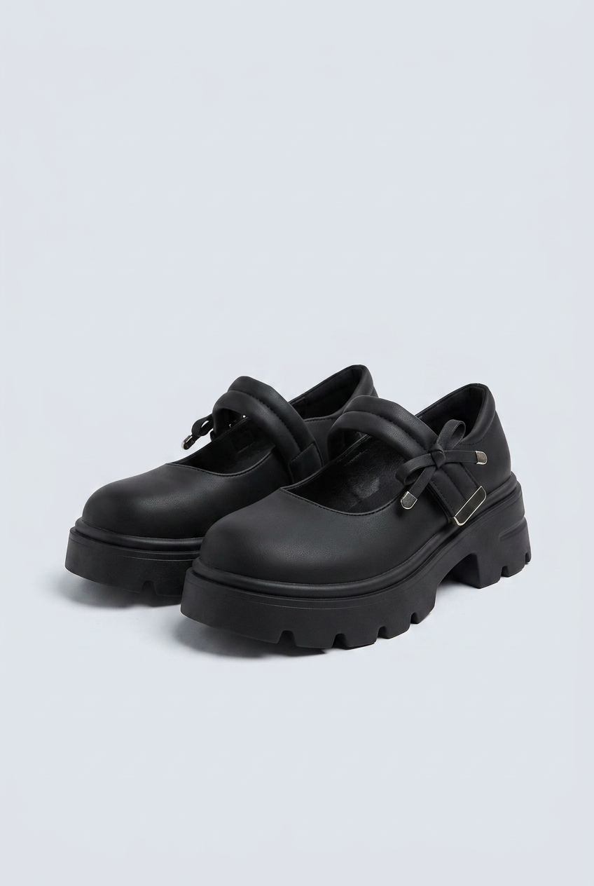 Black scarpe mary jane platform suola carrarmato fiocco fibbia punta tonda front