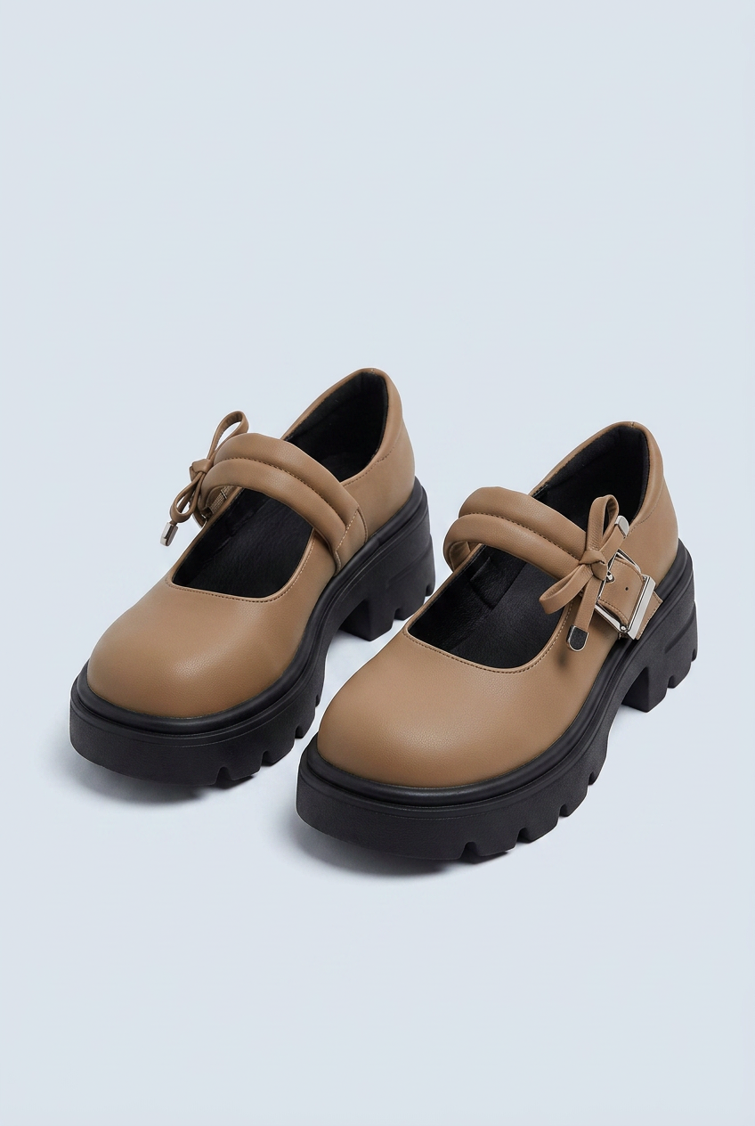 Brown scarpe mary jane platform suola carrarmato fiocco fibbia punta tonda front