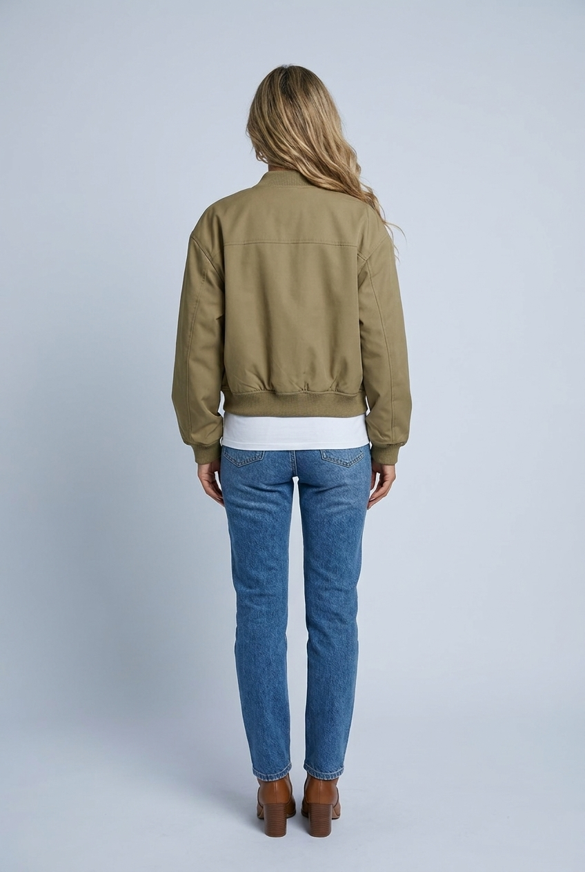 Olive giacca bomber coste bottoni a pressione tasche con patta corta back