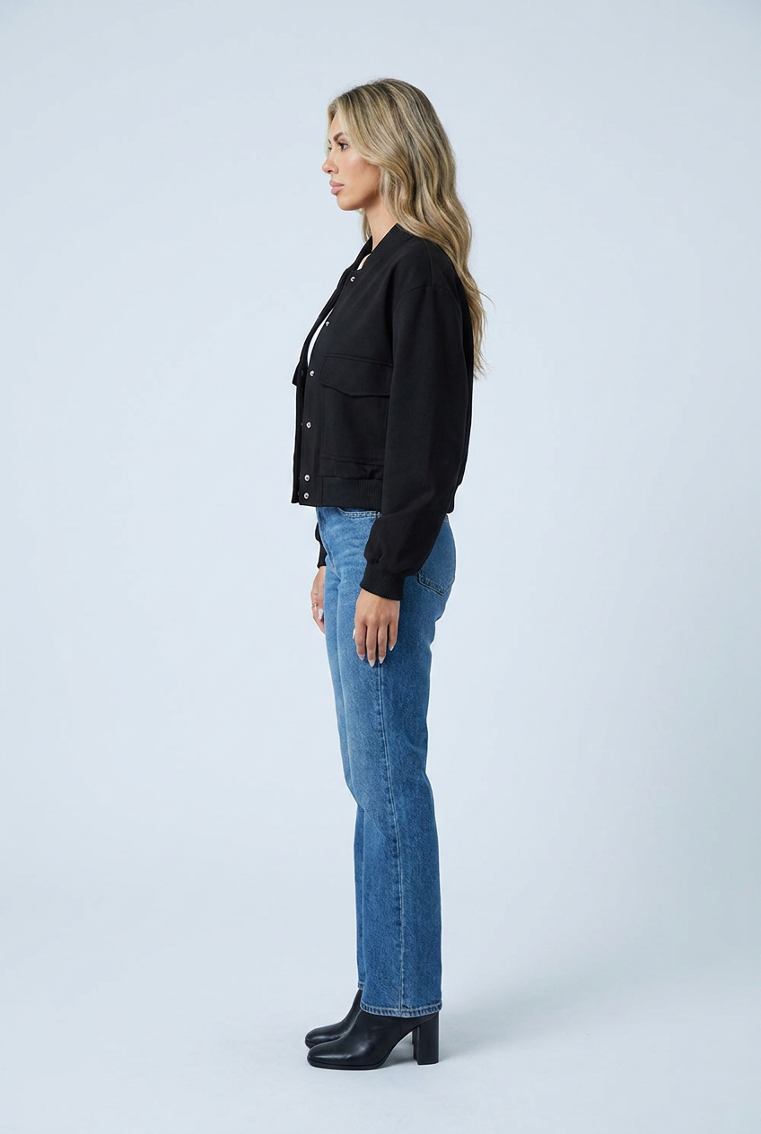 Black giacca bomber coste bottoni a pressione tasche con patta corta side