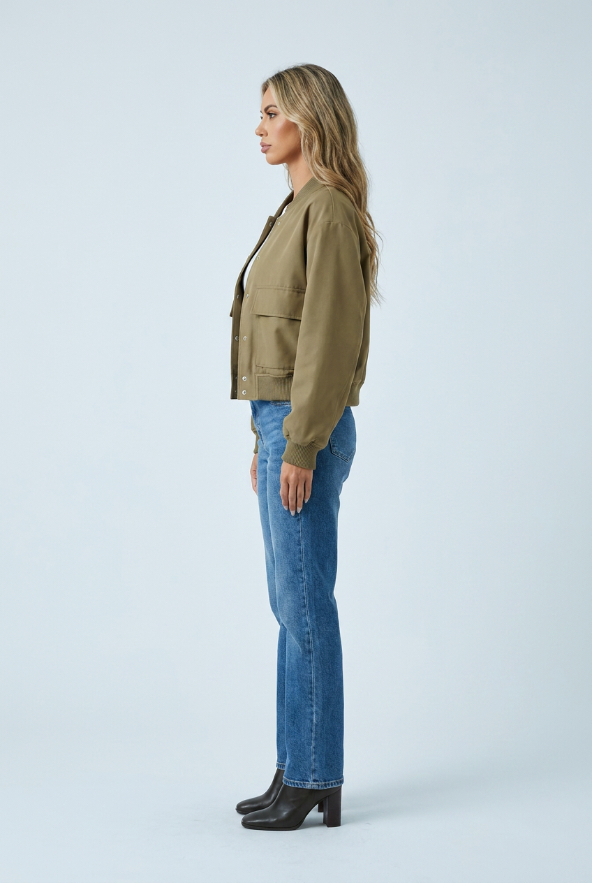 Olive giacca bomber coste bottoni a pressione tasche con patta corta side