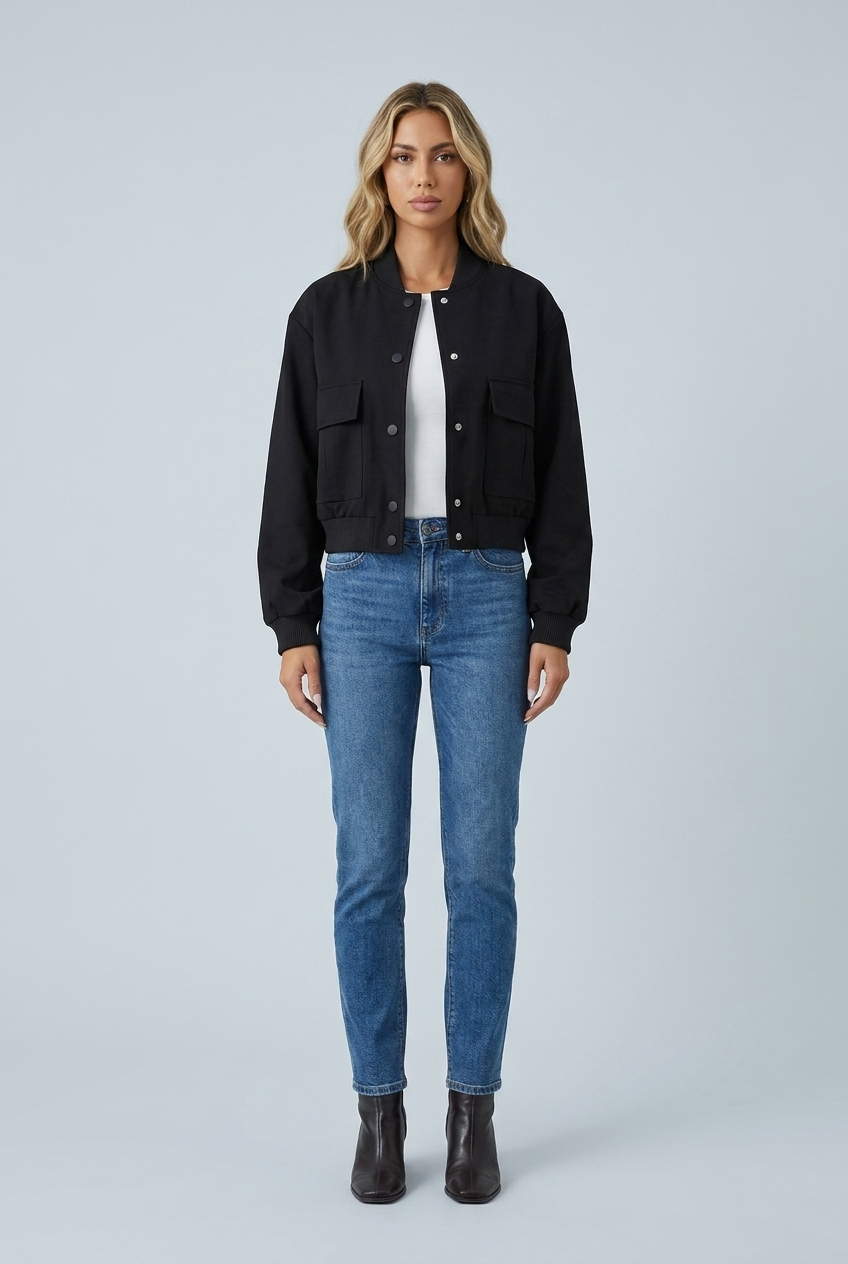 Black giacca bomber coste bottoni a pressione tasche con patta corta front