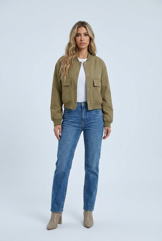 Olive giacca bomber coste bottoni a pressione tasche con patta corta front