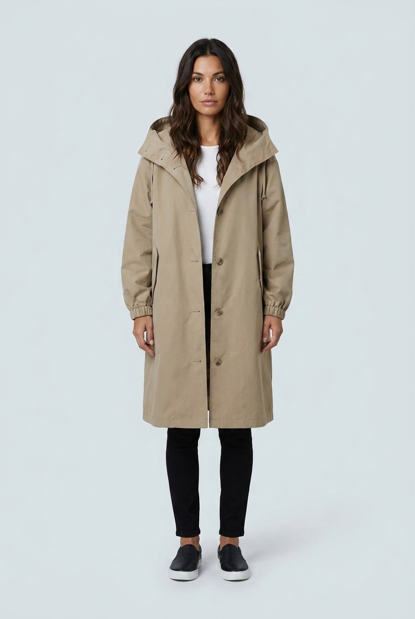 Beige impermeabile cappuccio oversize bottoni lungo antipioggia urbano front