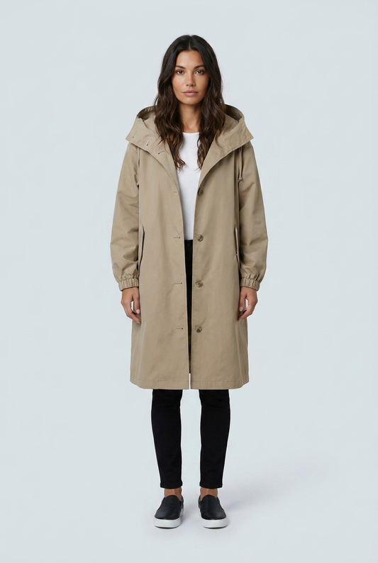 Beige impermeabile cappuccio oversize bottoni lungo antipioggia urbano front