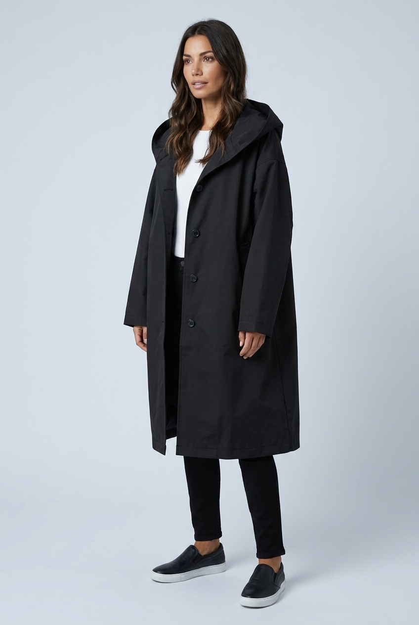 Black impermeabile cappuccio oversize bottoni lungo antipioggia urbano closeup