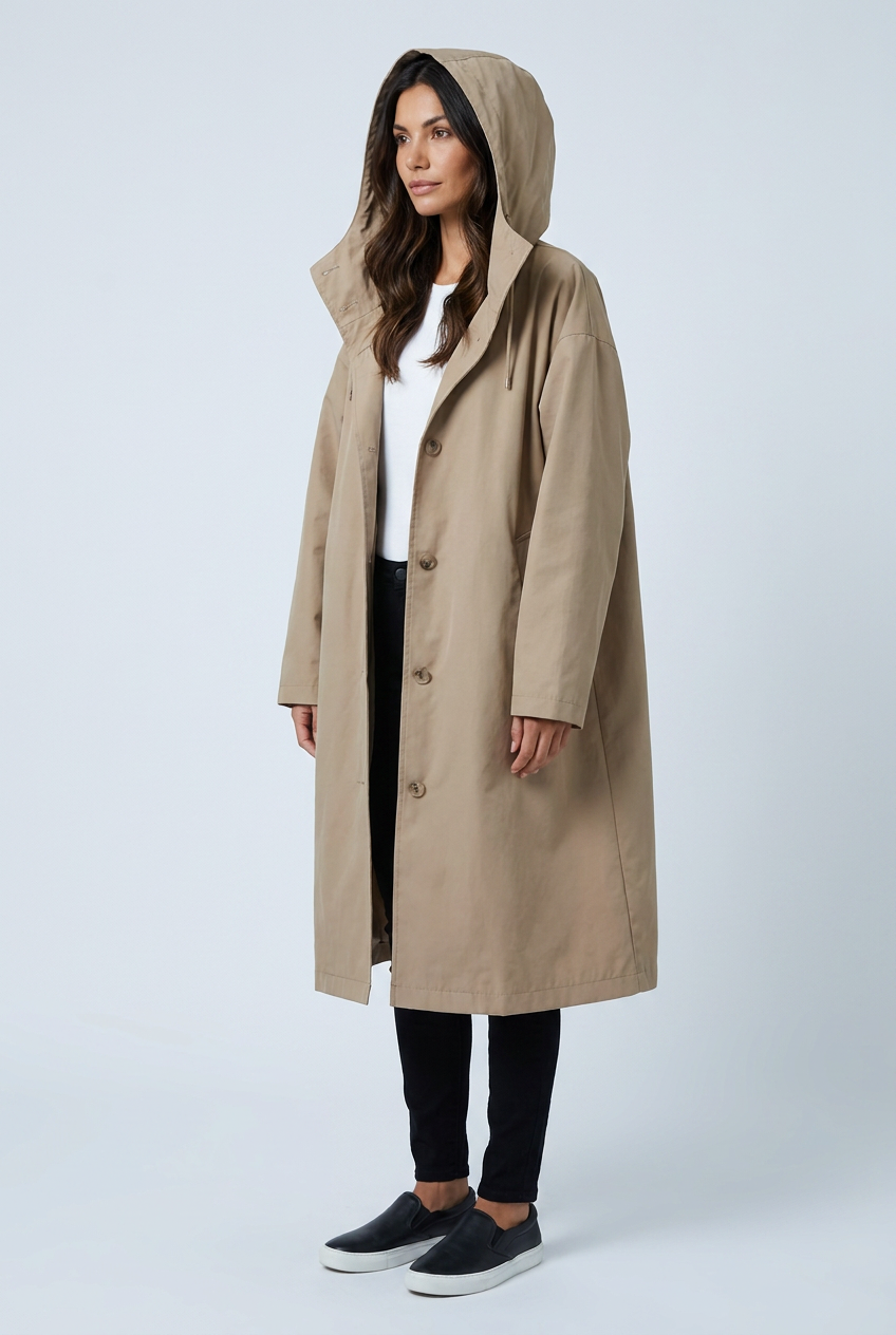 Beige impermeabile cappuccio oversize bottoni lungo antipioggia urbano closeup