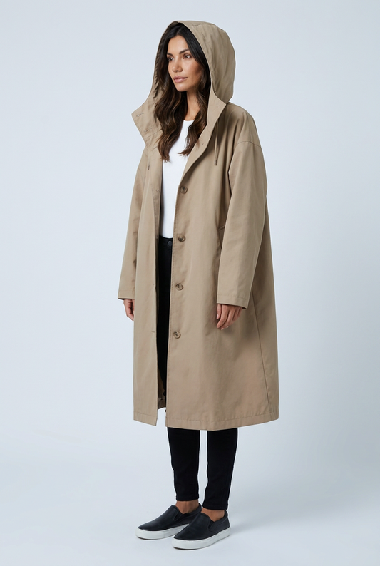 Beige impermeabile cappuccio oversize bottoni lungo antipioggia urbano closeup