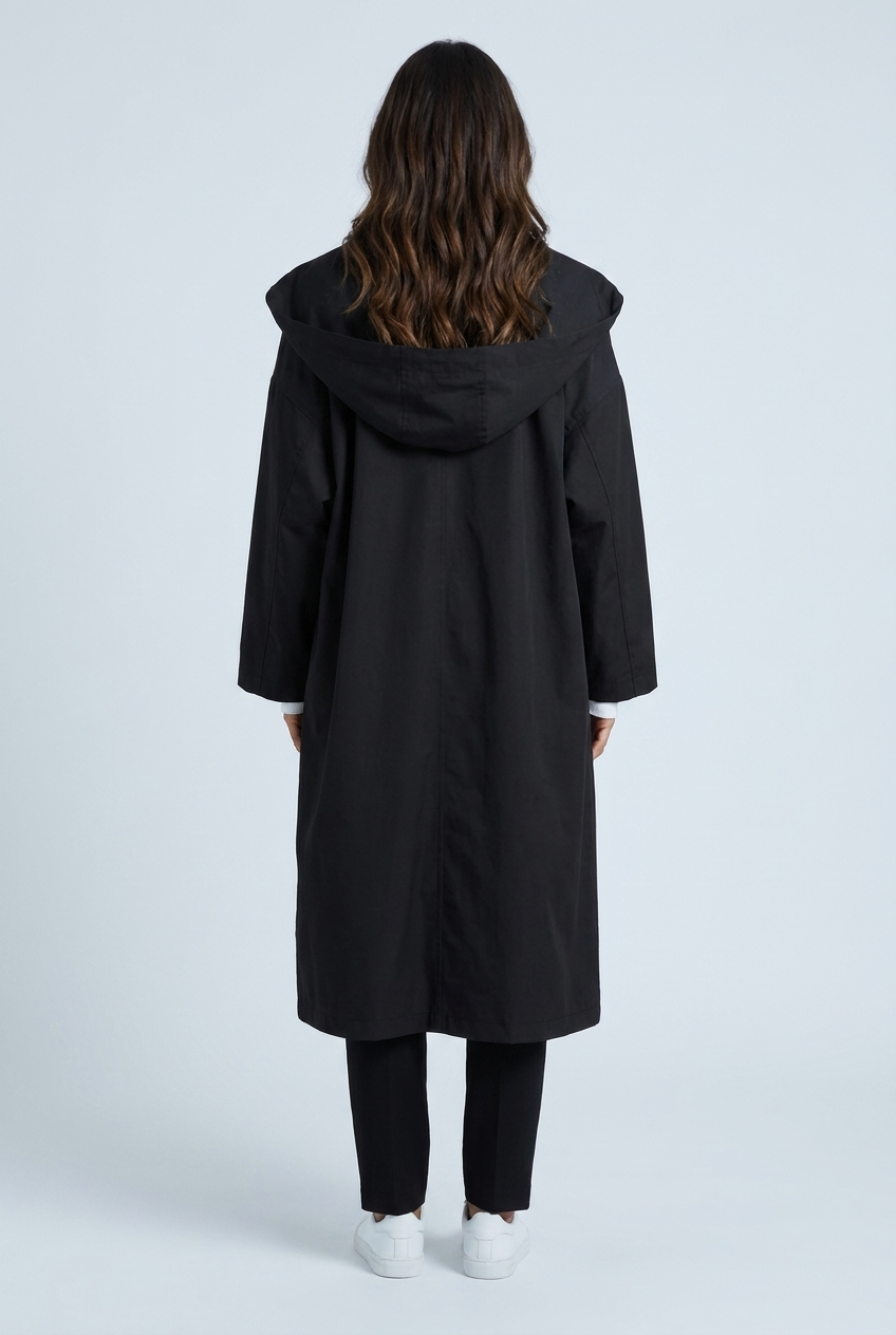 Black impermeabile cappuccio oversize bottoni lungo antipioggia urbano back