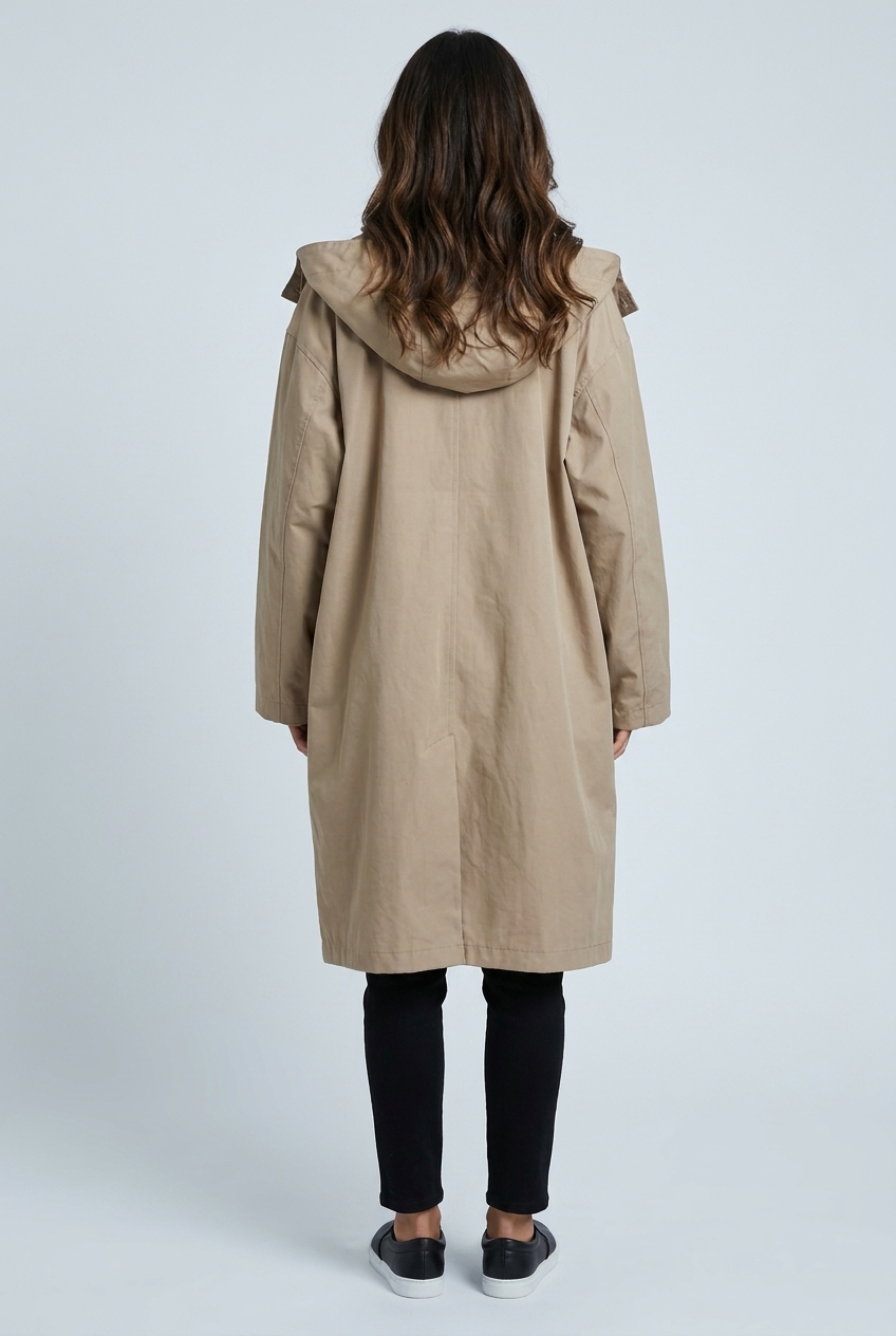 Beige impermeabile cappuccio oversize bottoni lungo antipioggia urbano back