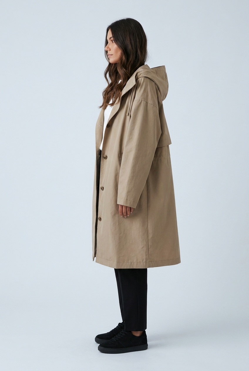 Beige impermeabile cappuccio oversize bottoni lungo antipioggia urbano side