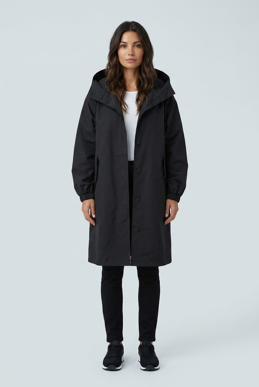 Black impermeabile cappuccio oversize bottoni lungo antipioggia urbano front