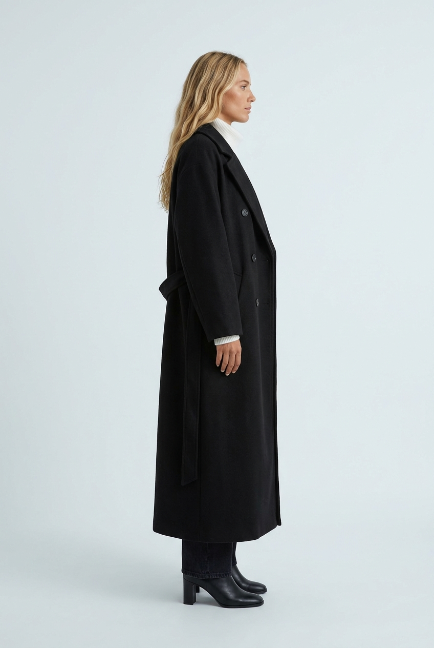 Black cappotto lungo misto lana cintura revers doppiopetto oversize side