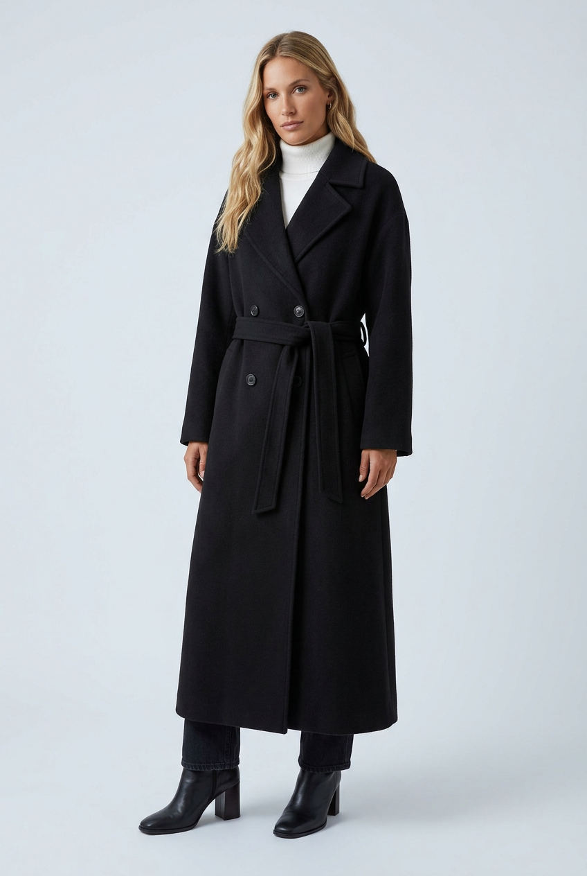 Black cappotto lungo misto lana cintura revers doppiopetto oversize closeup